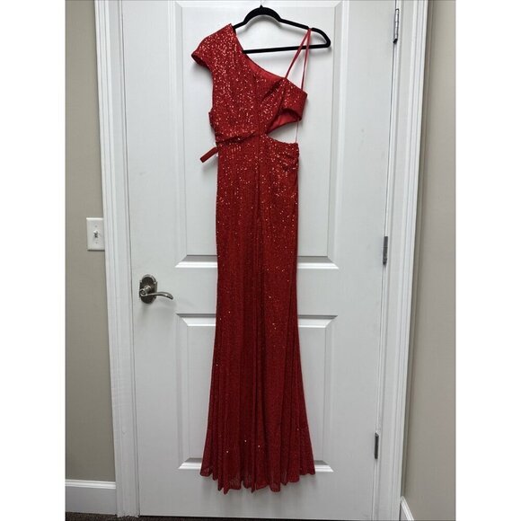 New Mac Duggal Size 0 Red 42022 Sequined One Shoulder Cut Out Gown Dress $398 - Picture 9 of 12